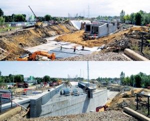 BEFORE Prefabricated tunnel before sliding, geosynthetic trough under construction, partially backfilled. AFTER Tunnel structure slid to final position.