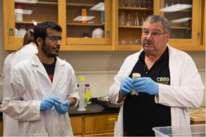 Arizona State University Regents' Prof. Edward Kavazanjian (right) will direct the new National Science Foundation Center for Bio-mediated and Bio-inspired Geotechnics. The center will provide opportunities to be involved in research for graduate students such as Abdullah Alsanad (left), who is pursuing a master's degree in geotechnical engineering. Photo by: Jessica Hochreiter, ASU