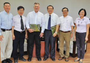 Photo inside NPUST president’s office after signing Memorandum of Understanding (L–R): Prof. Chiwan Wayne Hsieh, director GSI–Taiwan; Prof. Yu-Min Wang, chairman, Department of Civil Engineering, NPUST; Dr. George R. Koerner, GSI director; Prof. Chang-Hsien Tai, president, NPUST; Prof. Cheh-Shyh Ting, dean, College of Engineering, NPUST; Yen-Hueh Shen, head of accounting office.