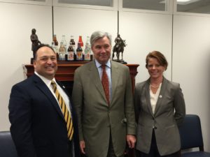 Ed Silva, left (Engineered Polymer Technologies), and Melissa Hurley, right (ACF West), enjoyed a positive and productive visit with U.S. Sen.  Sheldon Whitehouse (D-R.I.) during GMA’s Fall Lobby Day last Oct. 29.