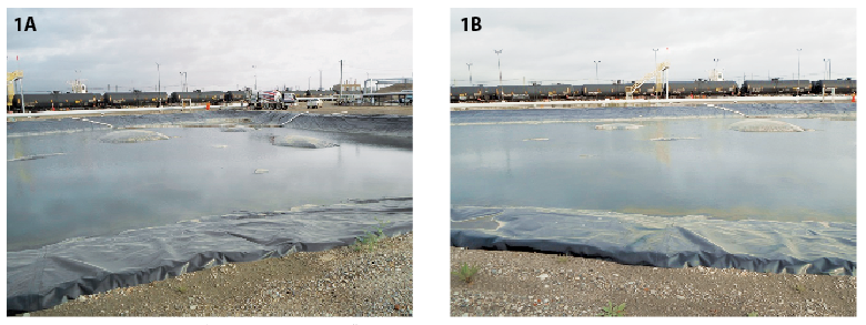 Various geomembrane "whales or hippos" expanding through and above the liquids of a geomembrane-lined surface impoundment. Photos by GSI and Inova.