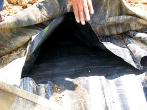 Figure 3 View of intact nonwoven geotextile base layer with sliding geomembrane and nonwoven geotextile layer.