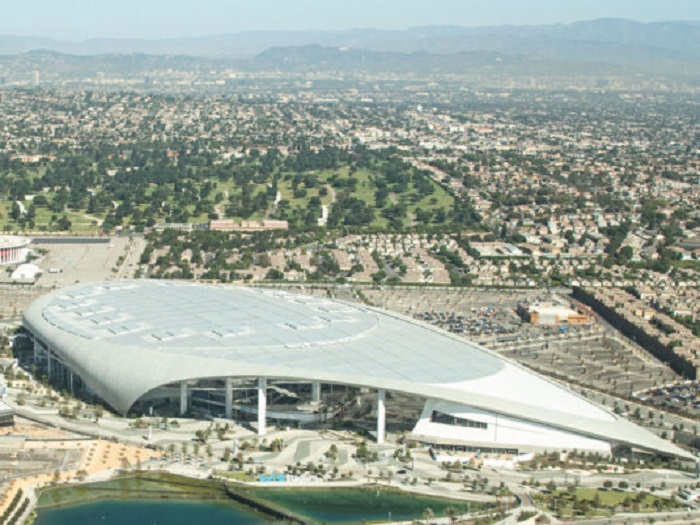 Aerial photograph of SoFi Stadium in Inglewood, California, site of Super Bowl LVI