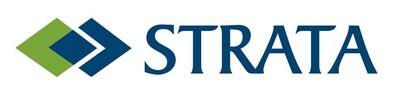 Green and blue diamond shapes accompany the word "STRATA" in a bold, blue font, representing the company's brand identity.